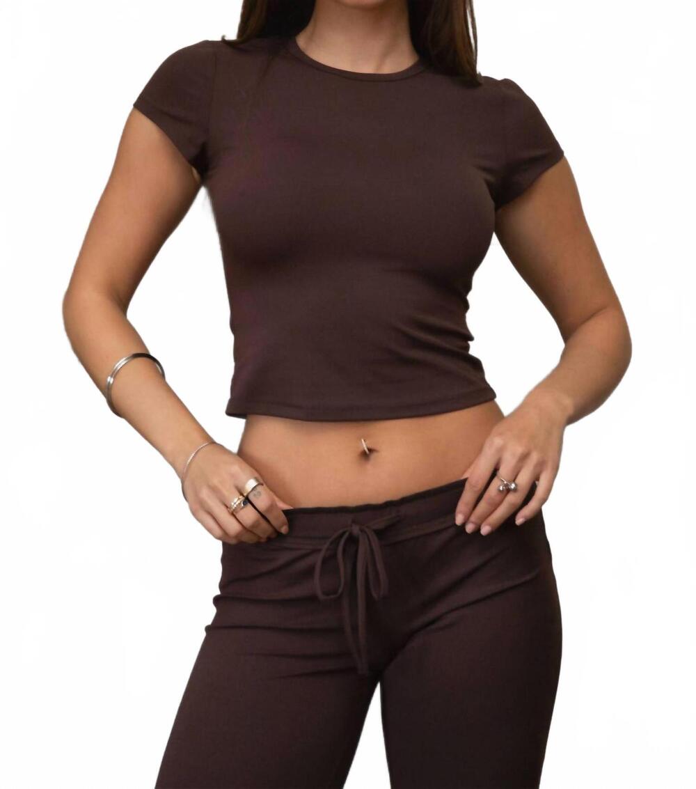 NEW TIC TOC nylee soft span jersey yoga short sleeve top in dark brown